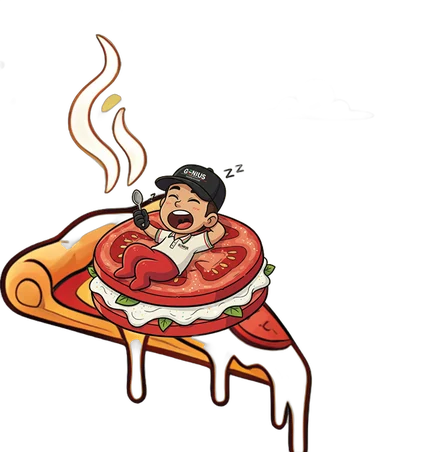 Geninho cochilando em uma fatia de pizza voadora